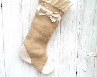 Burlap Christmas Stocking-For Him-With Cream Muslin Bow Tie- Country/Folk/Shabby Chic-For Baby Boy-Boy Stocking