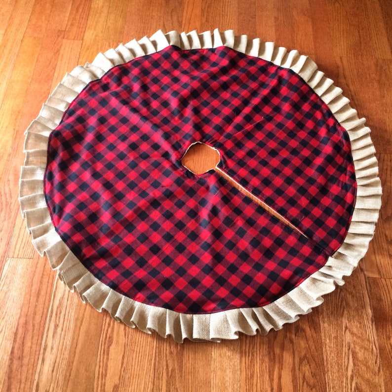 Red and Black Buffalo Check Flannel Cotton-Natural Burlap Buffalo Plaid /& Burlap Ruffle Christmas Tree Skirt 45-46 Farmhouse-Cabin-Decor