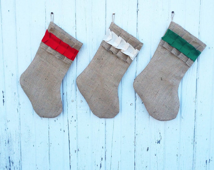 Burlap & Cotton Ruffle Christmas Stocking-Shabby Chic-Natural/Folk/Country/Rustic-CUSTOM Color Combinations Available