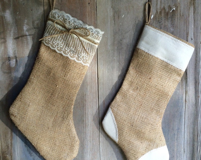 His & Hers-Set of 2 Stockings-Natural Burlap w/ Lace and Natural Burlap w/ Cream Patches-Christmas Stocking-Personalize with a Name-Rustic