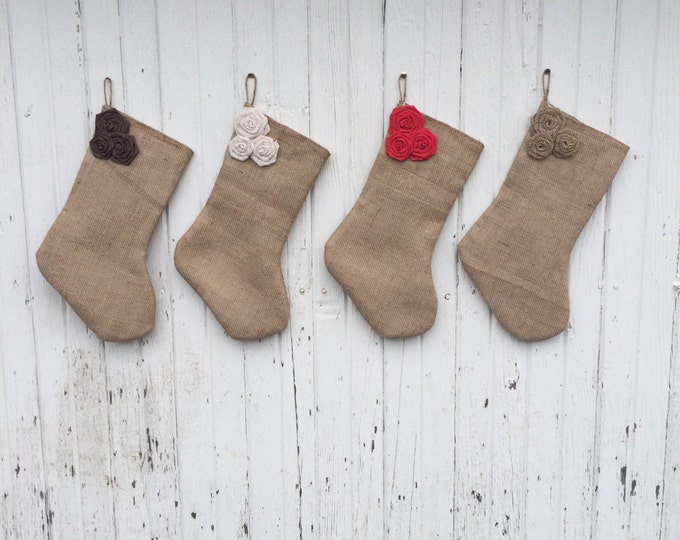 Burlap Triple Rosette Christmas Stocking-Shabby Chic-Natural/Folk/Country/Rustic-CUSTOM Color Combinations Available