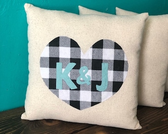 13" x 13" Personalized Natural Cotton Throw Pillow-Custom Colors Available-Red/Black & Black/White Buffalo Check-Valentines Day-Wedding Gift