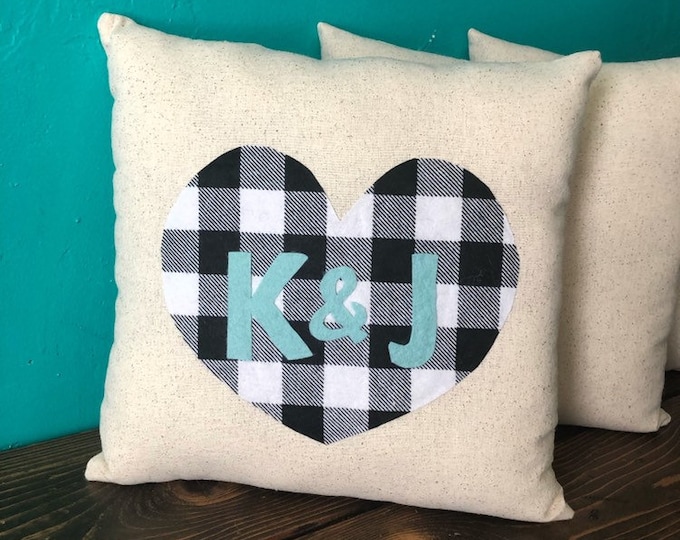 13" x 13" Personalized Natural Cotton Throw Pillow-Custom Colors Available-Red/Black & Black/White Buffalo Check-Valentines Day-Wedding Gift