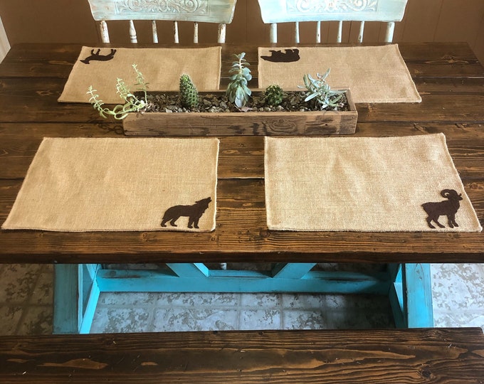 Set of 4- Wildlife Themed Natural Burlap Placemats-Double Sided- Customize-Moose-Bear-Buck-Doe-Owl-Rabbit-SquirrelRustic/Country/Folk Decor