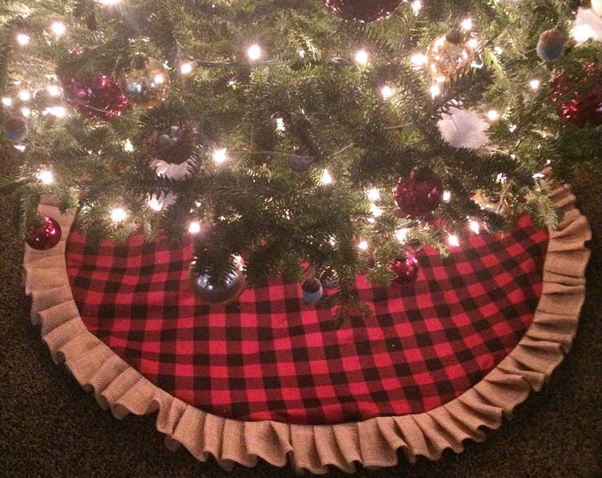 Buffalo Plaid & Burlap Ruffle Christmas Tree Skirt- 48"- Red and Black Buffalo Check Flannel Cotton-Natural Burlap- Farmhouse-Cabin-Decor