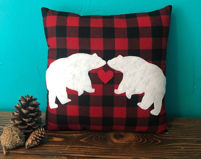 Bear Love Pillow- Red & Black Buffalo Check/Plaid with Natural Cotton- Winter-Christmas- Farmhouse Style-Lodge/Cabin Decor-Rustic
