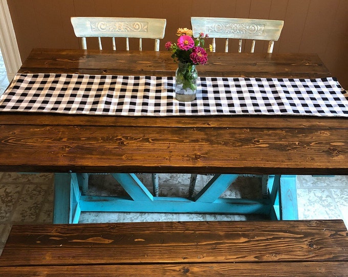 Buffalo Plaid & Natural Burlap Table Runner- Black and White Buffalo Check-Cotton Flannel Fabric-Farmhouse Chic/Style-All Season Decor-