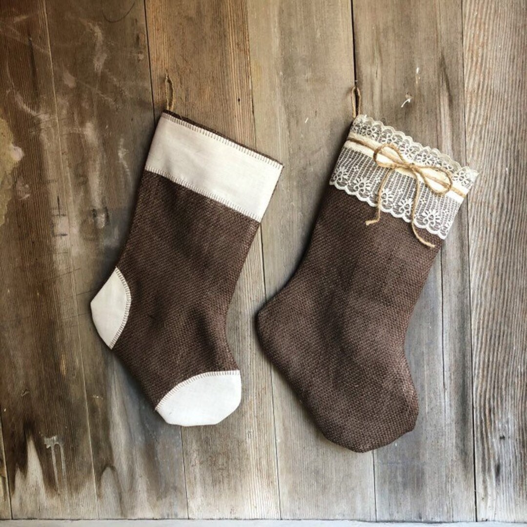 His & Hers-set of 2 Stockings-chocolate Brown Burlap W/ Lace and ...