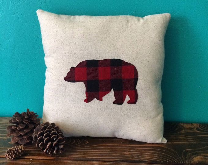 Woodland Themed Buffalo Plaid Applique Pillows on Natural Cotton Fabric-Choose Your Applique-Moose/Bear/Elk/Deer/Owl/Squirrel/Evergreen Tree