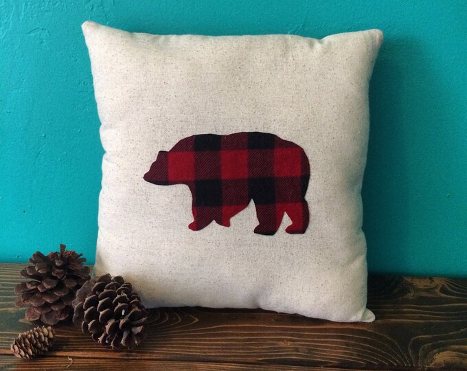 Woodland Themed Buffalo Plaid Applique Pillows on Natural Cotton Fabric-Choose Your Applique-Moose/Bear/Elk/Deer/Owl/Squirrel/Evergreen Tree