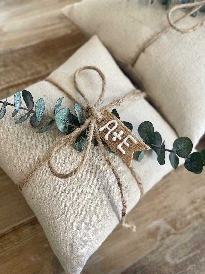Natural Cotton Ring Bearer Pillow with Preserved Baby Eucalyptus Jute Twine and Personalized Burlap Tag Three Sizes Available Minimalist image 3