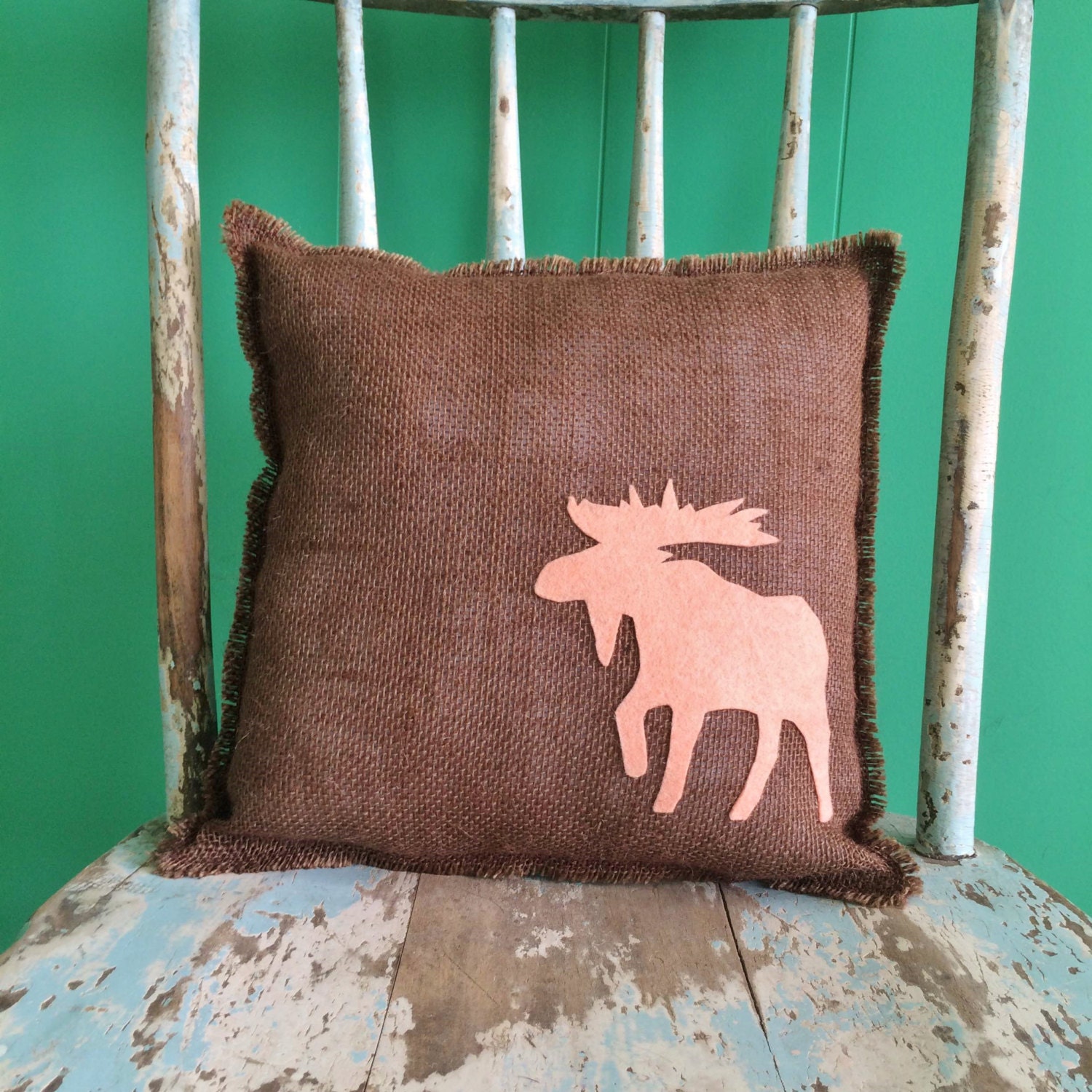 13 x 13 Burlap Fringe Pillow with Moose AppliqueWildlife Collection