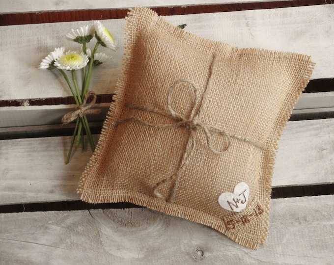 8" x 8" Natural Burlap Ring Bearer Pillow w/ Jute Twine and Heart -Personalize w/ Initials & Wed Date- Rustic/Country/Shabby Chic/Wedding