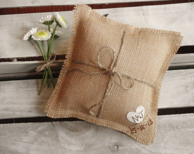 8" x 8" Natural Burlap Ring Bearer Pillow w/ Jute Twine and Heart -Personalize w/ Initials & Wed Date- Rustic/Country/Shabby Chic/Wedding