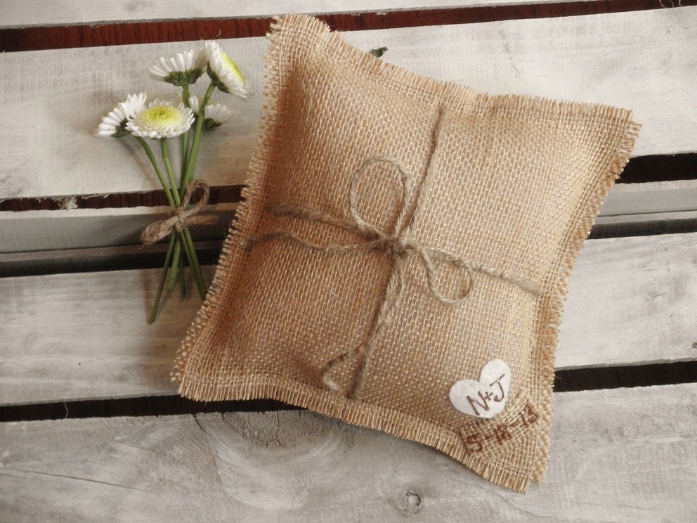 8 x 8 Natural Burlap Ring Bearer Pillow w Jute Twine and Heart