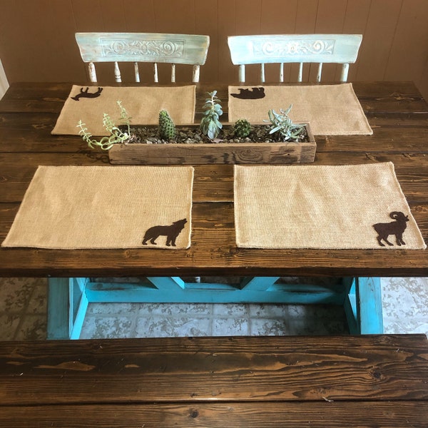 Set of 6- Wildlife Themed Natural Burlap Placemats-Double Sided- Customize-Moose-Bear-Buck-Doe-Owl-Rabbit-SquirrelRustic/Country/Folk Decor