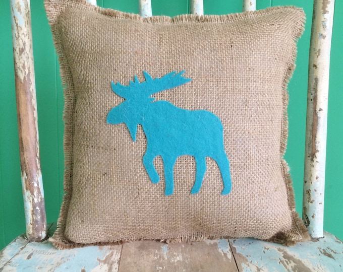 13" x 13" Burlap Fringe Pillow with Moose Applique-Wildlife Collection-Choose Your Animal and Colors-Rustic/Country/Folk/Natural-Cabin Decor