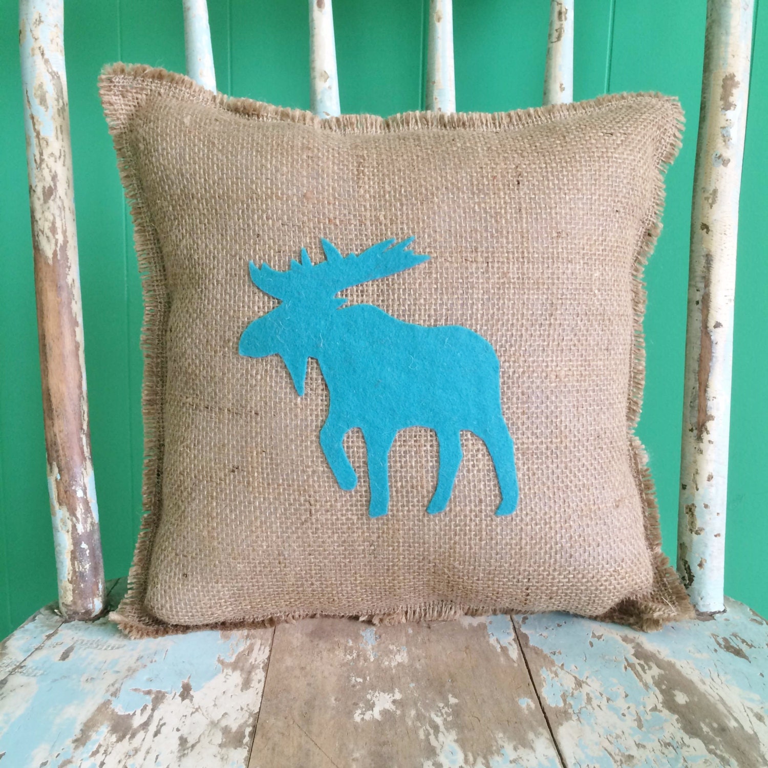 13 x 13 Burlap Fringe Pillow with Moose AppliqueWildlife Collection