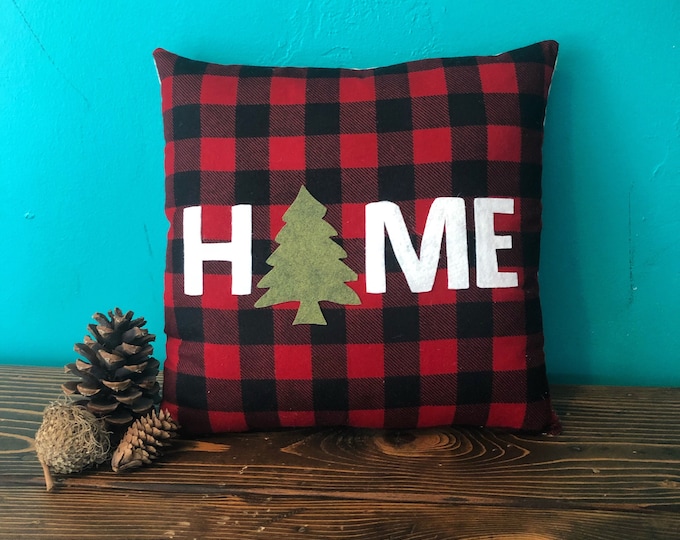 HOME Evergreen Tree Pillow- Red & Black Buffalo Check/Plaid with Natural Cotton- Winter-Christmas- Farmhouse Style-Lodge/Cabin Decor-Rustic