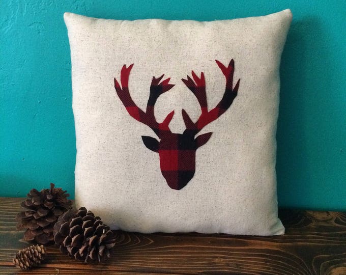 Woodland Themed Buffalo Plaid Applique Pillows on Natural Cotton Fabric-Choose Your Applique-Moose/Bear/Elk/Deer/Owl/Squirrel/Evergreen Tree