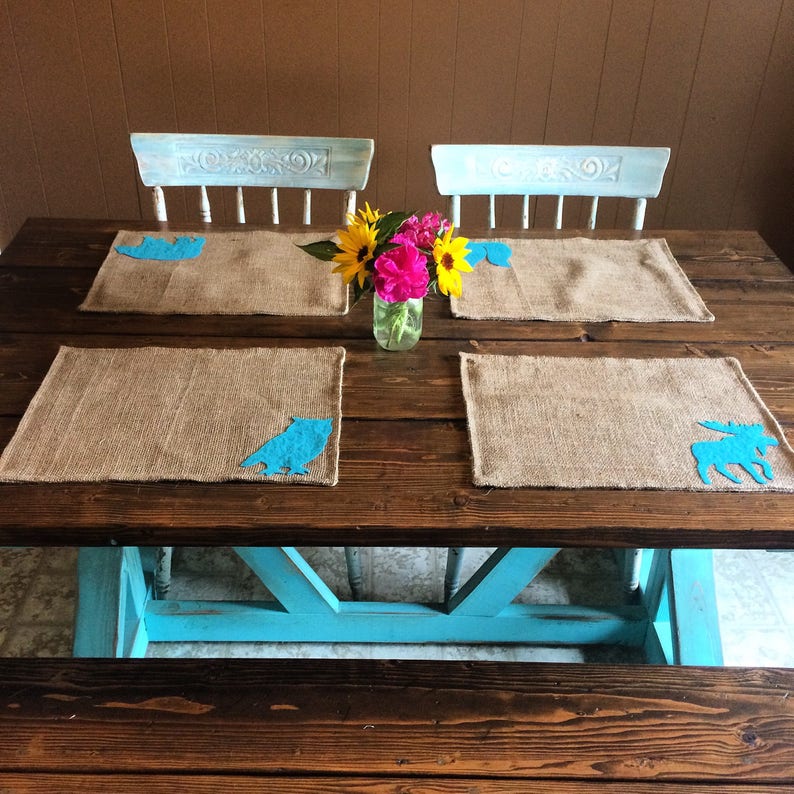 Customize-Moose-Bear-Buck-Doe-Owl-Rabbit-SquirrelRusticCountryFolk Decor Wildlife Themed Natural Burlap Placemats-Double Sided Set of 6