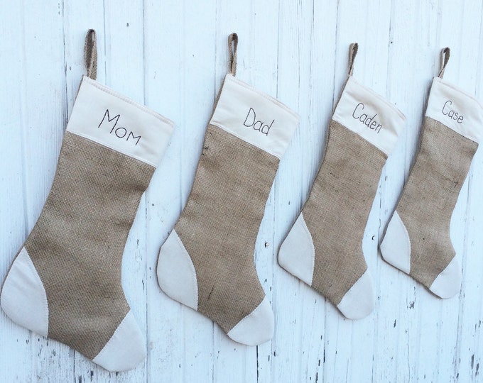 Personalized Burlap Christmas Stocking-With Cream Muslin Patches -Fully Lined-Four Colors Available- Country/Folk/Shabby Chic/Rustic