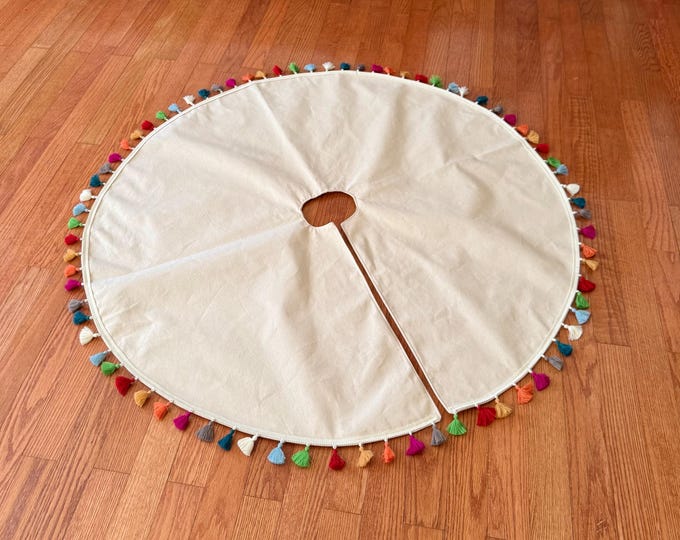 Natural Duck Canvas Christmas Tree Skirt with Bright Multi-Colored Tassel Trim- 42" or 52"- Colorful Kid's Handprint DIY Tree Skirt