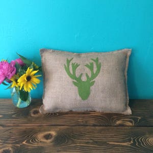 12 x 16 Burlap Fringe Pillow w/ Deer Head Applique-Elk Head-Wildlife Collection-Choose Your Colors-Rustic/Country/Folk/Natural-Cabin Decor image 1