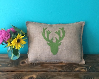 12" x 16" Burlap Fringe Pillow w/ Deer Head Applique-Elk Head-Wildlife Collection-Choose Your Colors-Rustic/Country/Folk/Natural-Cabin Decor