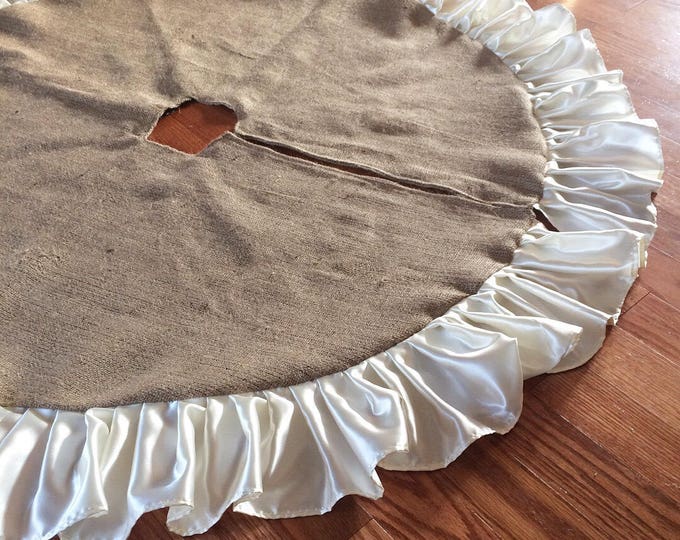 54" Burlap Christmas Tree Skirt w/ Satin Ruffle-Choose Your Color Combo--Rustic/Shabby Chic-Holiday Decor-Red/Gold/Green/Ivory