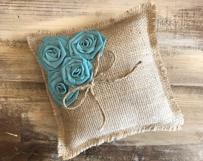 8" x 8" Natural Burlap Ring Bearer Pillow with Seafoam Cotton Rosettes/Jute Twine Detail- CUSTOM COLORS Available-Barn Wedding/Rustic