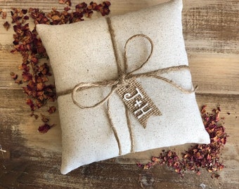 Natural Cotton Ring Bearer Pillow With Jute Twine and Burlap Tag- Personalize With Initials- 3 Sizes -Wedding/Ceremony-Natural/Minimalist