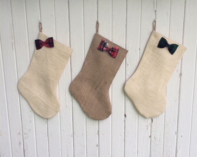 Burlap & Plaid Christmas Stocking With Rosettes OR Bow/Bow Tie- Red/Green/Plaid-Cabin Decor-Farmhouse-Rustic Chic