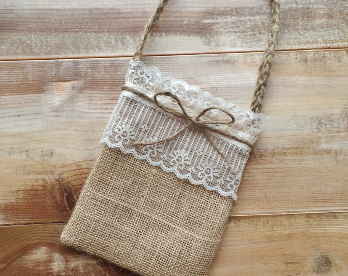 Burlap Flower Girl Bag w/ Cream Lace and Jute Twine Handle - Choose Your Color- Country/Barn/Beach/Shabby Chic/Rustic/Folk/Wedding