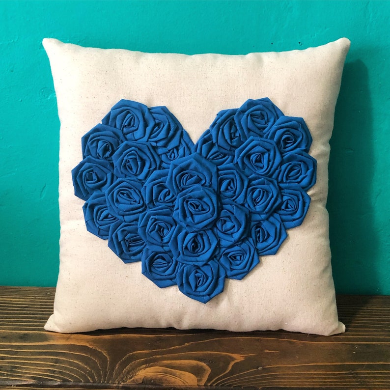 13 x 13 Natural Cotton Rosette Heart Pillow Cotton Rosettes Many Colors Available Customize Valentines Day Love Pillow Shabby Chic image 2