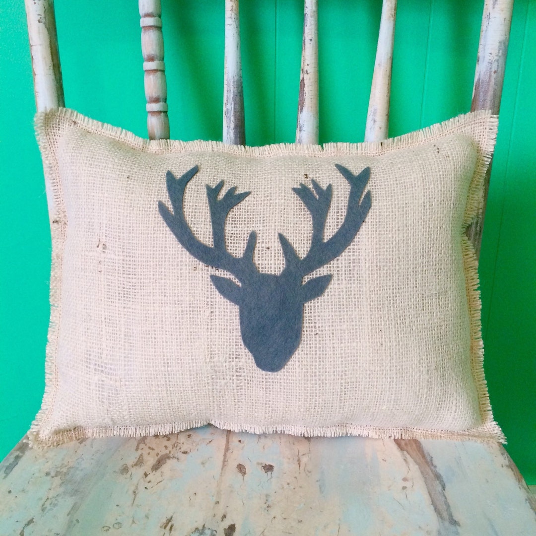 12 X 16 Burlap Fringe Pillow W/ Deer Head Appliqueelk Headwildlife