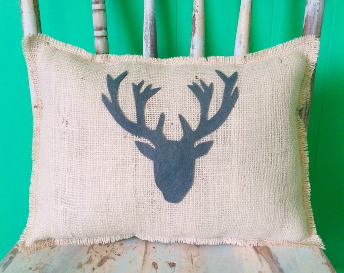 12" x 16" Burlap Fringe Pillow w/ Deer Head Applique-Elk Head-Wildlife Collection-Choose Your Colors-Rustic/Country/Folk/Natural-Cabin Decor