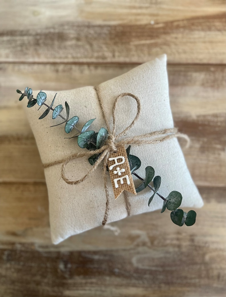 Natural Cotton Ring Bearer Pillow with Preserved Baby Eucalyptus Jute Twine and Personalized Burlap Tag Three Sizes Available Minimalist image 2