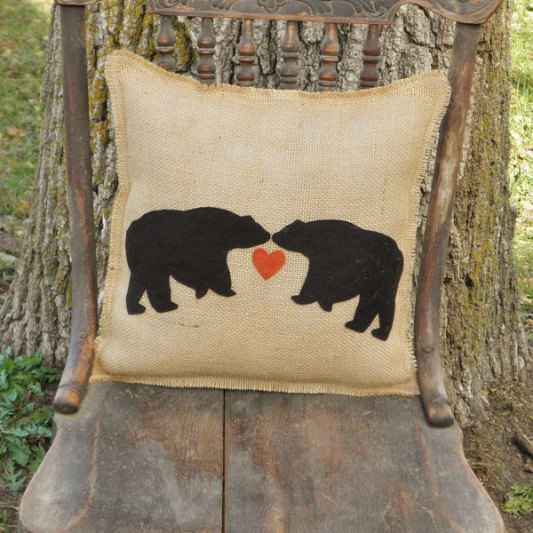 14"x14" Bear Love Burlap Fringe Pillow-Folk/Americana/Country/Rustic/Primitive-Cabin Decor-Hunting Lodge Decor-Mountain Home Decor