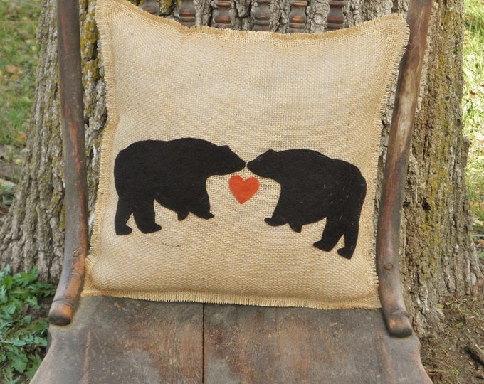 14"x14" Bear Love Burlap Fringe Pillow-Folk/Americana/Country/Rustic/Primitive-Cabin Decor-Hunting Lodge Decor-Mountain Home Decor
