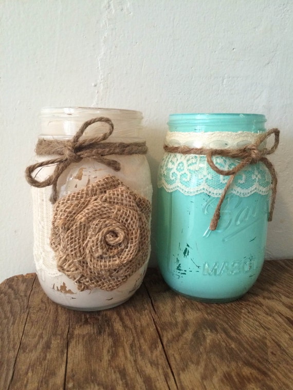 Set of 10Painted Mason Jars w/ Twine Lace & Burlap 2