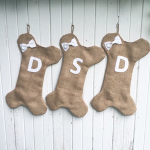 Burlap Dog Bone Christmas Stocking With Bow/Bow Tie- Puppy/Dog Stocking-Personalize With Letter/Custom Colors-Rustic/Shabby Chic//Natural