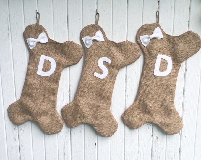 Burlap Dog Bone Christmas Stocking With Bow/Bow Tie- Puppy/Dog Stocking-Personalize With Letter/Custom Colors-Rustic/Shabby Chic//Natural