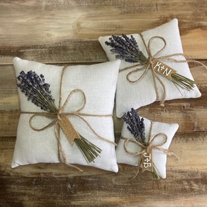 Organic White Linen Ring Bearer Pillow with Dried Lavender Jute Twine and Personalized Burlap Tag Three Sizes Available Natural Florals image 2