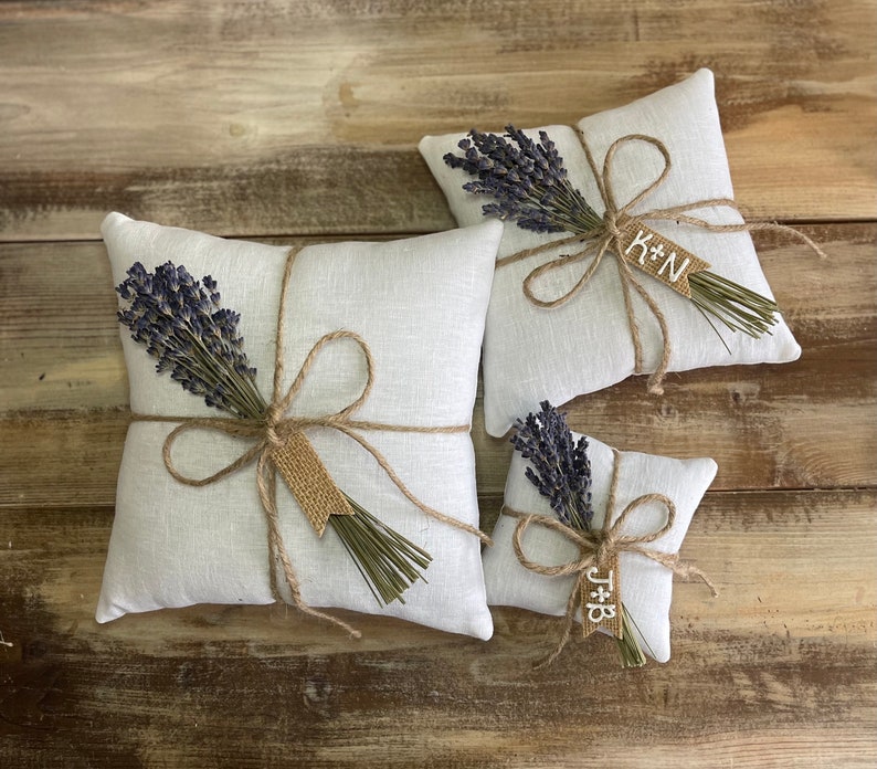 Organic White Linen Ring Bearer Pillow with Dried Lavender Jute Twine and Personalized Burlap Tag Three Sizes Available Natural Florals image 2