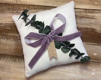 Velvet Ring Bearer Pillow w/ Velvet Ribbon & Preserved Eucalyptus- Personalized Tag Included- Boho Wedding- Khaki-Blue-Terracotta-Lavender