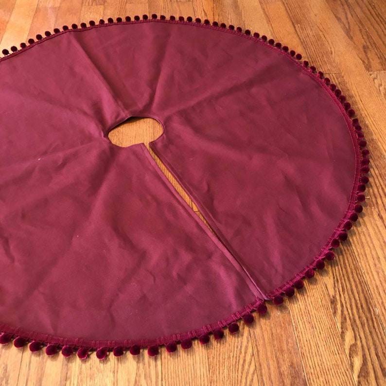 Natural or Burgundy-Boho Christmas Decor Velvet Pom Poms Duck Canvas Pom Pom Tree Skirt Rustic Chic Natural Christmas Decor