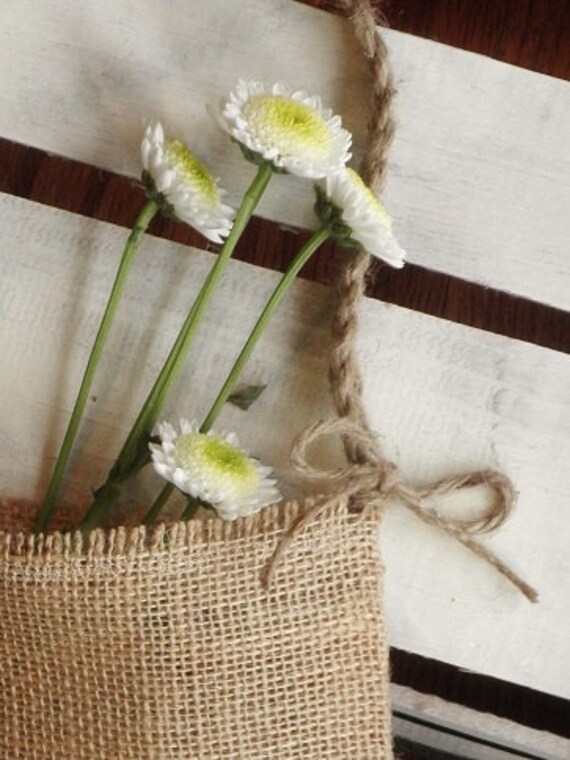 Burlap Flower Girl Bag w Cream Muslin Rosette and Jute Twine Handle Choose Your Color Country Barn Beach Shabby Chic Rustic Folk Wedding