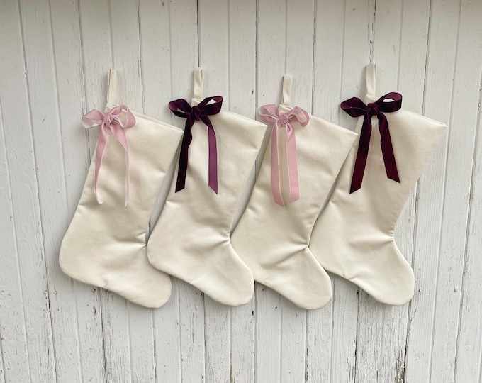 White Velvet Christmas Stocking with Velvet Ribbon Bow- Custom Bow Colors Available- Modern & Minimalist Family Stockings