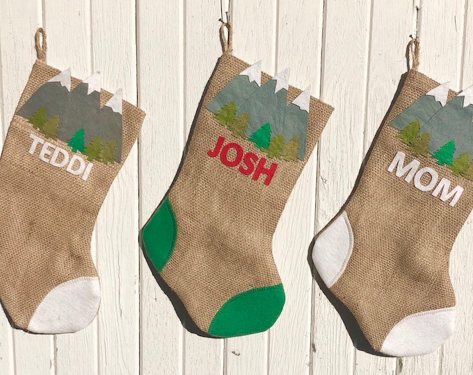 Mountain Themed Natural Burlap Christmas Stocking-Personalize/Custom-Woodland Christmas-Cabin/Lodge Decor-Rustic-Mountain Lovers